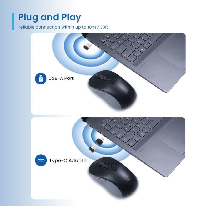 Ewent Ew3204 Ratón Inalámbrico RF 2.4 GHz Óptico 1600 DPI con 6 Botones, Clic Silencioso, Ergonómico Diestro para Oficina, Negro 1