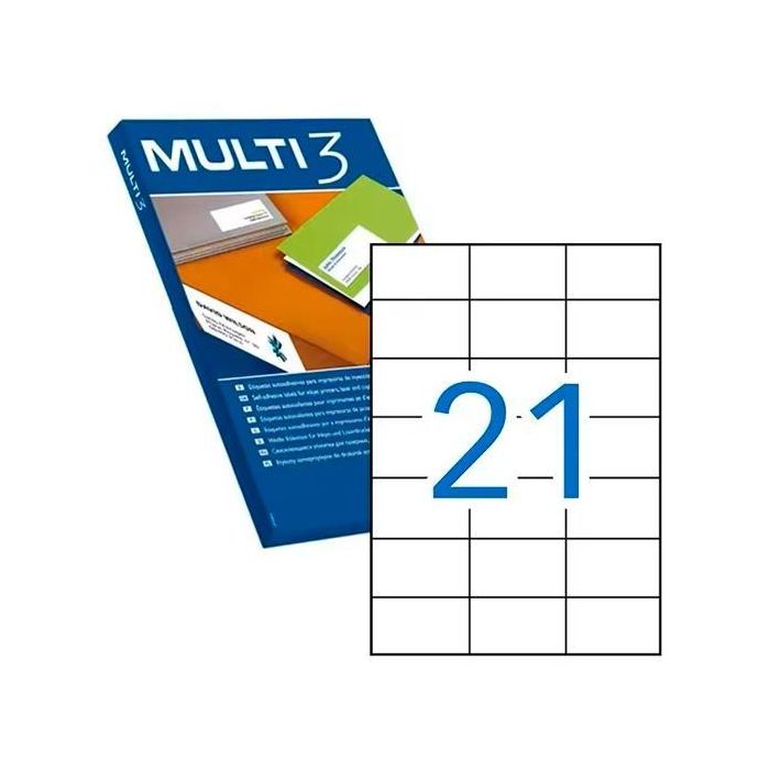 Multi-3 Etiquetas Adhesivas 70x42,4 mm para Inkjet y Láser, C-Rectos, 21 X 100H, Blanco Multi-3 Etiquetas Adhesivas 70x42,4 mm para Inkjet y Láser, C-Rectos, 21 X 100H, Blanco