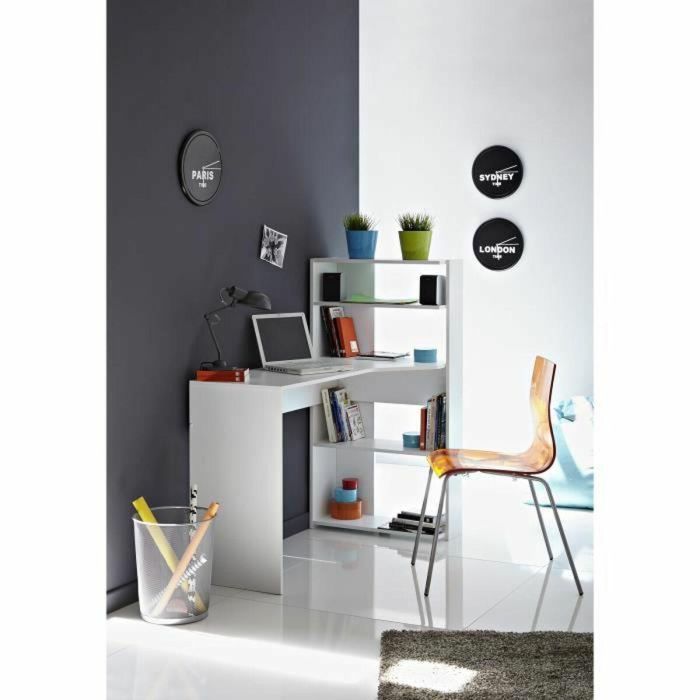 Parisot JUNIO Escritorio Esquinero Aglomerado Blanco Contemporáneo con Bandeja y 2 Estantes L 122 x P 64 x H 121 cm 2 Parisot JUNIO Escritorio Esquinero Aglomerado Blanco Contemporáneo con Bandeja y 2 Estantes L 122 x P 64 x H 121 cm 2