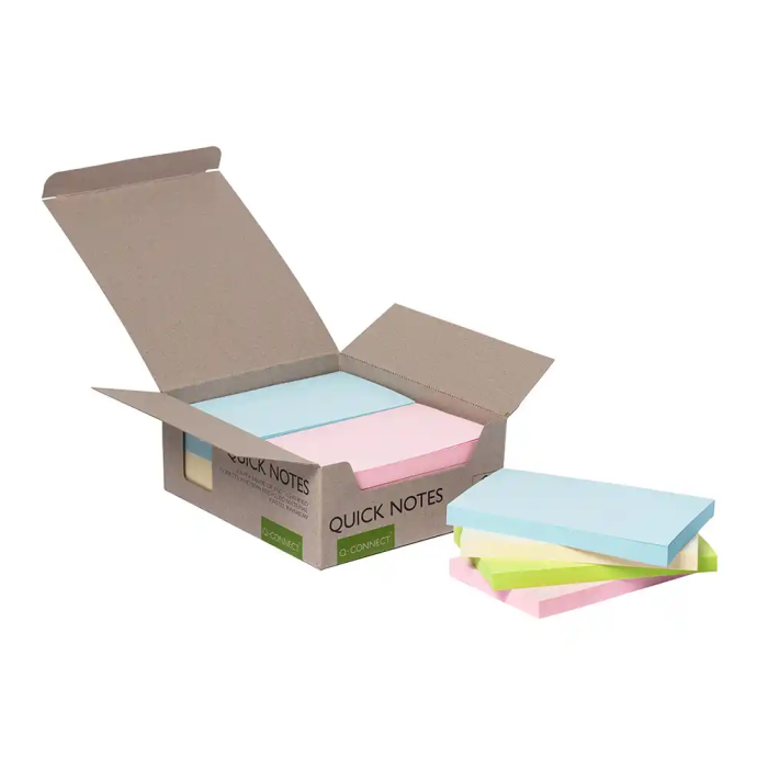 Q-connect Bloc de notas adhesivas 76x127 mm, 100 hojas, 100% papel reciclado, colores pasteles, caja de cartón 2
