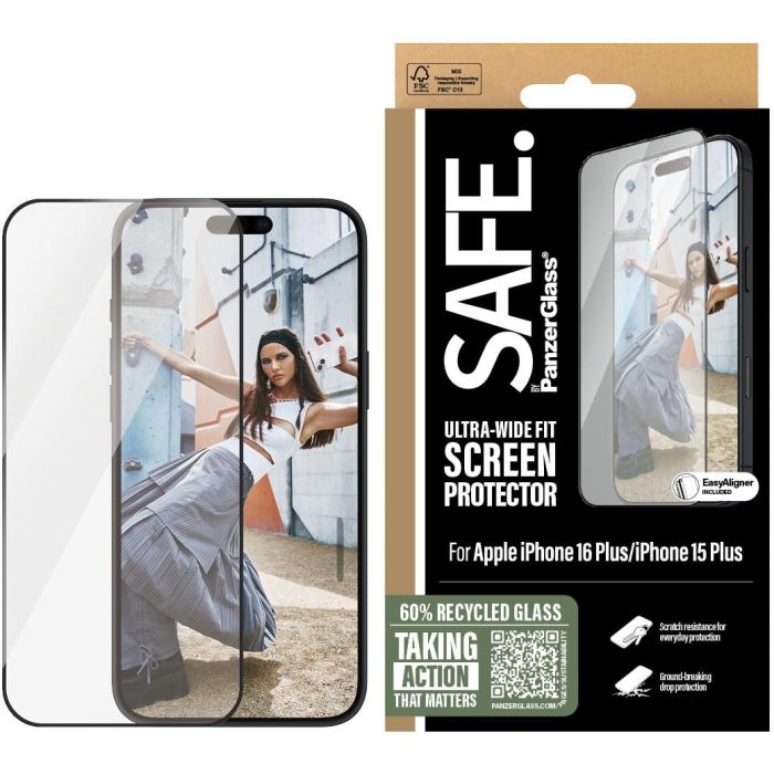 PanzerGlass SAFE. by ® Protector de Pantalla UWF con Marco Negro para iPhone 16 Plus y 15 Plus 1
