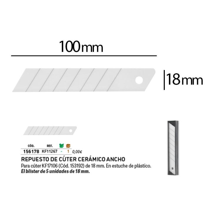 Repuesto Cuter Q-Connect Ancho Para Modelos Kf17106-Kf14387 Cuchilla Ceramica 18 mm Blister 5 Unidades 1