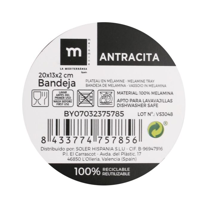 La Mediterranea Bandeja de Melamina Antracita 20 cm x 13 cm x 2 cm (24 Unidades) 1