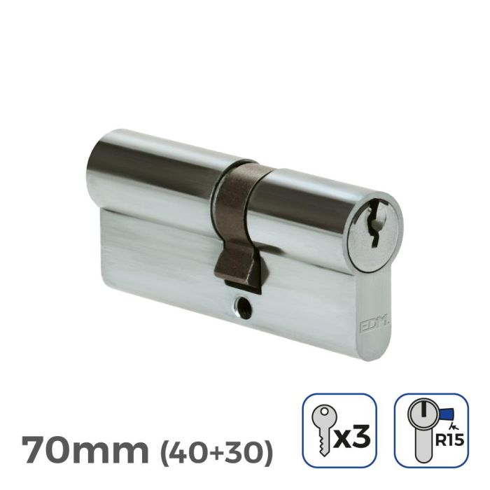 Cilindro 70mm (40+30mm) niquelado, leva larga r15 con 3 llaves de serreta incluidas Cilindro 70mm (40+30mm) niquelado, leva larga r15 con 3 llaves de serreta incluidas
