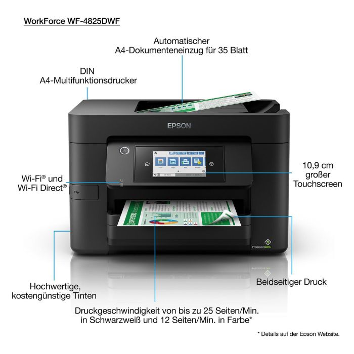 Epson WorkForce Pro WF-4825DWF Multifunción Tinta A4 Impresión Escaneo Fax Wifi Pantalla Táctil Color Negro