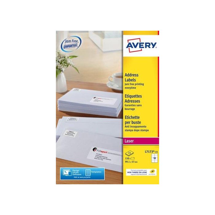 Etiquetas Adh.Impr.Avery A4 Blanca C.Romos Caja 15H 99,1X57 Mm 150 Uds.(L7173) (Set de 5)