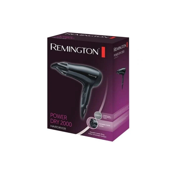 Remington Secador de Pelo Power Dry 2000 D3010 - 2000W, Tecnología Iónica, Negro, con Boquilla Concentradora y Función Eco Remington Secador de Pelo Power Dry 2000 D3010 - 2000W, Tecnología Iónica, Negro, con Boquilla Concentradora y Función Eco