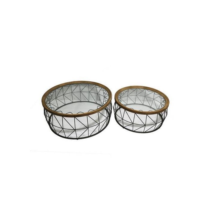 DKD Home Decor Mesa Centro Vintage 100x100x43 cm Natural Negro Set de 2 Metal y Cristal