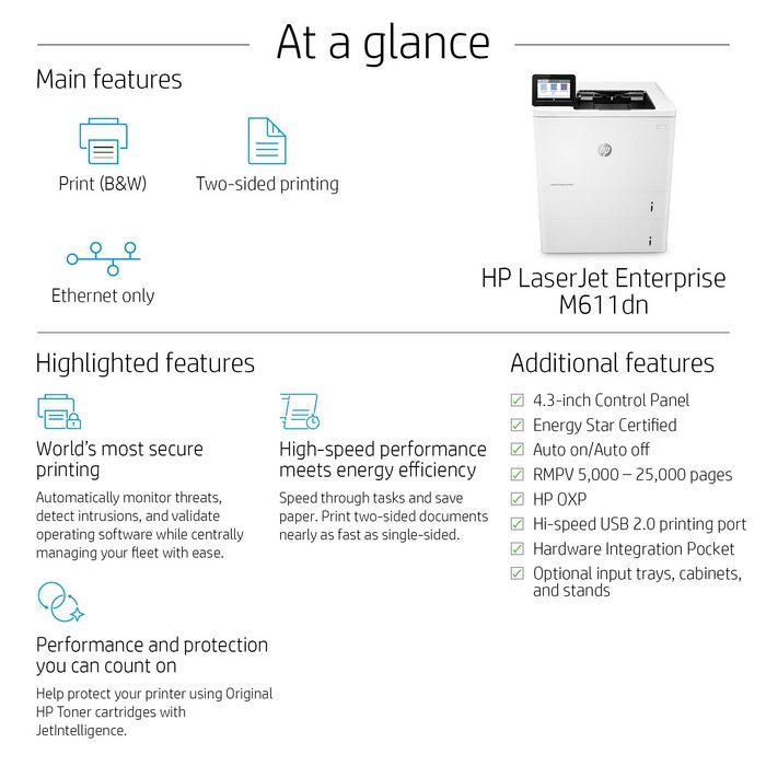 HP M611dn Impresora Láser Enterprise Dúplex con Red, JetIntelligence para Documentos Profesionales y Seguridad Avanzada 3