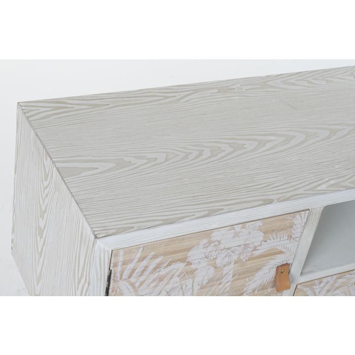 DKD Home Decor Mueble TV Tropical Decapé Madera y Bambú Blanco Colección Whitepalm con Palmeras 140x40x51 cm, 1 Cajón y 2 Puertas 1 DKD Home Decor Mueble TV Tropical Decapé Madera y Bambú Blanco Colección Whitepalm con Palmeras 140x40x51 cm, 1 Cajón y 2 Puertas 1