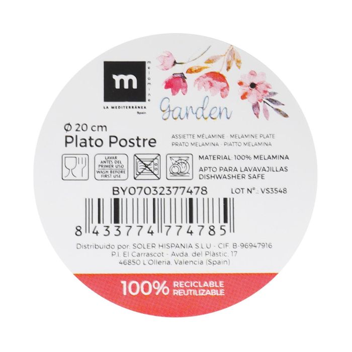 Plato Postre Melamine Garden 20 cm - La Mediterranea (24 Unidades) 1 Plato Postre Melamine Garden 20 cm - La Mediterranea (24 Unidades) 1
