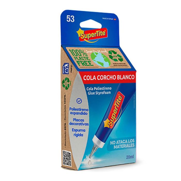 Supertite A2453 Adhesivo Poliestireno 20ml para Placas, Zócalos y Aislantes de Corcho Blanco - Transparente Blister