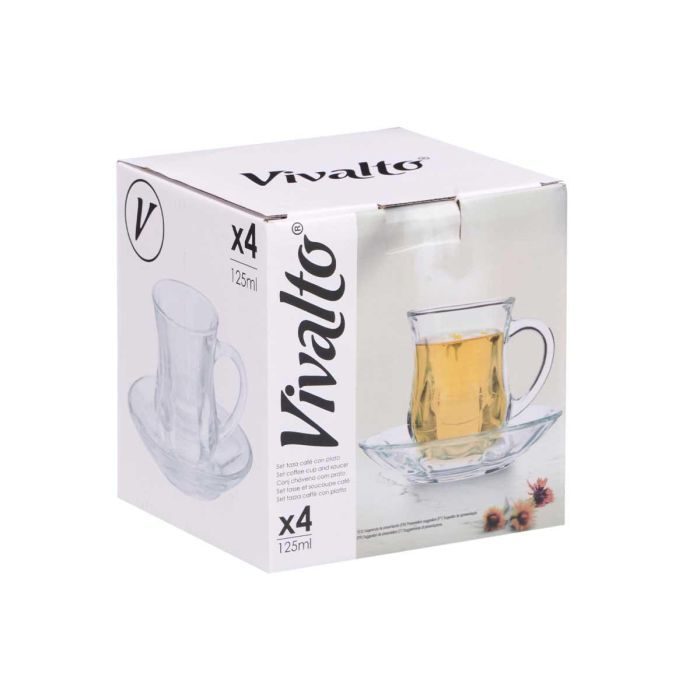 Vivalto Set 4 Tazas de Vidrio con Plato Liso, Transparente, 125 ml, 12x9x12 cm (12 Unidades) 1