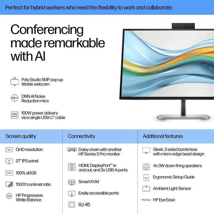 HP 527pm Monitor de Conferencia Series 5 Pro 27 Pulgadas QHD USB-C con IA Avanzada para Reuniones sin Distracciones y Colaboración Óptima Libre de PVC 2