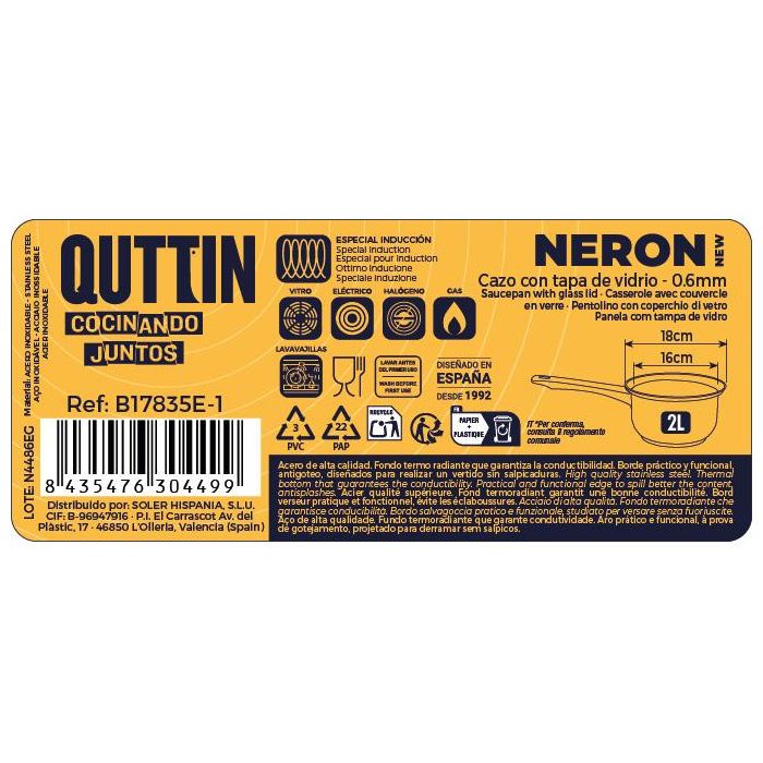 Inde Cazo 16 cm (2L) Acero Inoxidable con Tapa "New Neron" Qt 33x17.5x10 cm 2