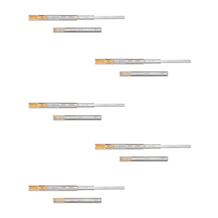 Emuca Lote de 5 juegos de guías para cajones, de bolas, altura 45mm, profundidad 400mm, extracción total, cierre suave, Cincado
