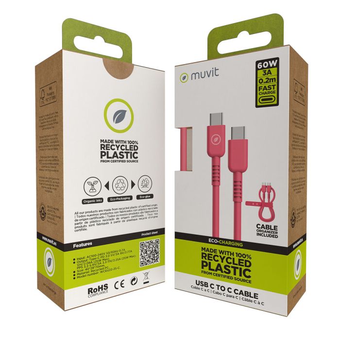 muvit for change cable Tipo C a Tipo C 3A/60W 0.2m magenta 3 muvit for change cable Tipo C a Tipo C 3A/60W 0.2m magenta 3