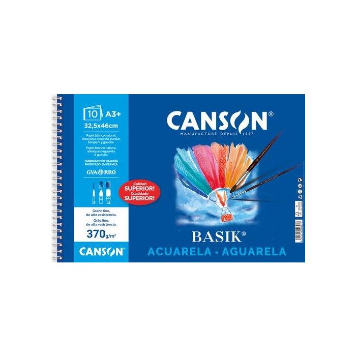 Canson Bloc Dibujo Acuarela DIN A3 Espiral 370g/m² - 10 Hojas Papel Blanco Natural Ligeramente Satinado