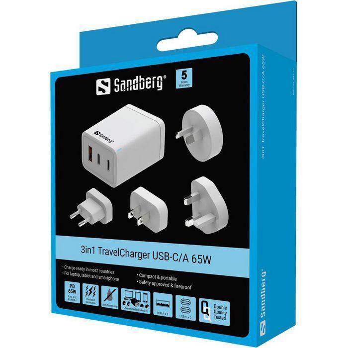 Sandberg Cargador de Viaje 3 en 1 USB-C PD, USB-A QC 65W para Portátil, Smartphone y Tablet con Adaptadores Globales 5