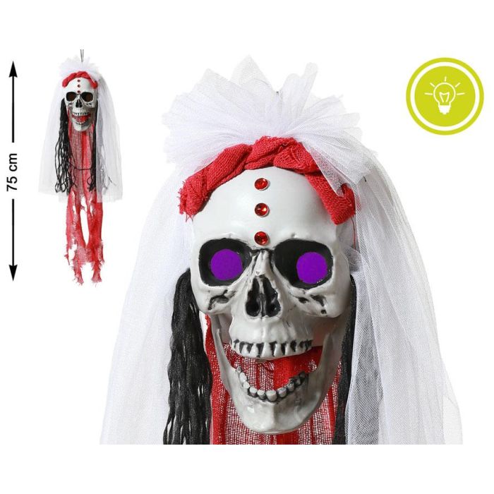 Calavera Colgante Novia Con Tul Blanco Y Luz 75 cm Decoración Macabra