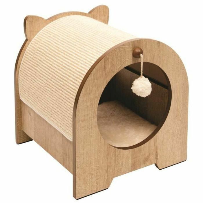 VESPER Minou - Mueble Rascador Escondite para Gatos - Con Cojín de Espuma Viscoelástica y Alfombrilla de Sisal - Marrón Claro 36x36.5x40.5cm