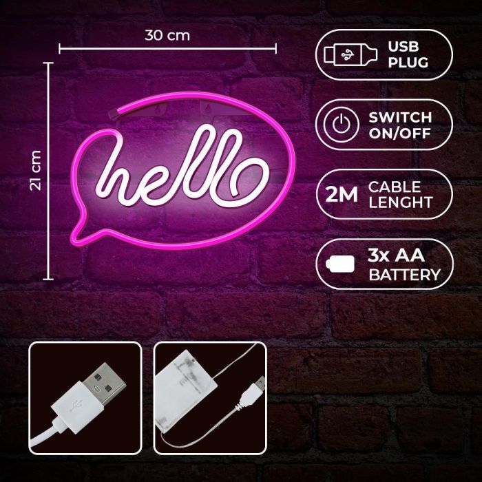 Forever Lámpara LED Neón Decorativa Hello Pink para Pared - 30 cm, Luz Rosa, Alimentación USB/Pilas