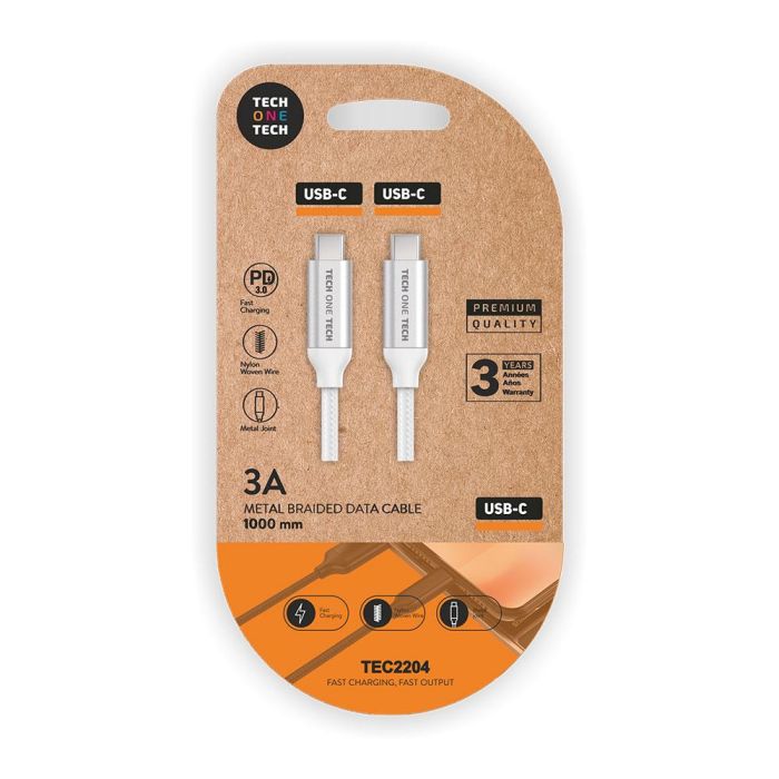 Tech One Tech Cable USB-C a USB-C Nylon 1m Blanco - Carga Rápida y Datos
