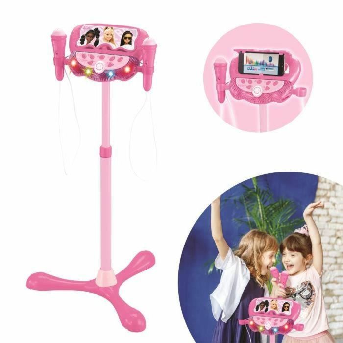 Lexibook LEX1695286887130 Micrófono de Barbie con soporte ajustable, iluminado, 2 Micrófonos, efectos de voz y Bluetooth 4