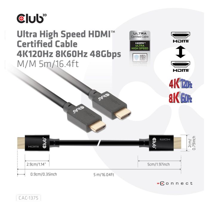 Club 3D Cable HDMI 2.1 Ultra High Speed 10K HDR 5m Negro CAC-1375 5