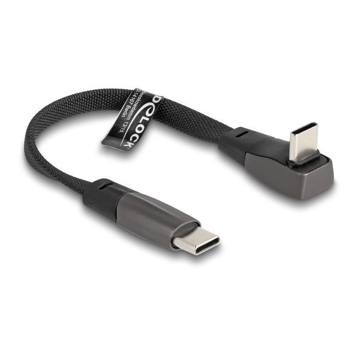 DeLOCK Cable USB 2.0 Type-C Macho a Type-C Macho Acodado PD 3.0 60W, Cable Plano Negro, 0.14m/14cm