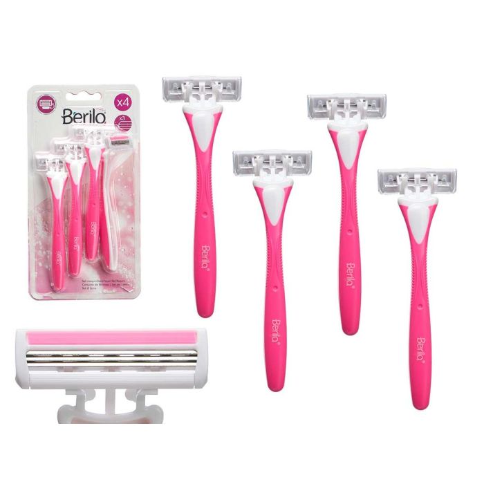 Berilo Set 4 Maquinillas de Afeitar 3 Hojas Rosa - Plástico/Metal 11x21x4.5 cm (24 Unidades)