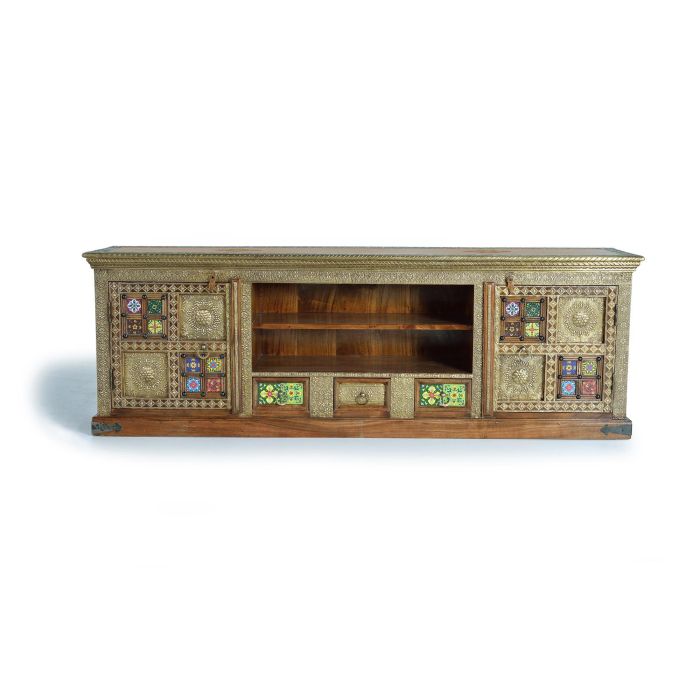 Giner y Colomer Mueble Televisor en Madera de Acacia con Detalles de Azulejo y Bronce, 60 x 180 x 40 cm 0 Giner y Colomer Mueble Televisor en Madera de Acacia con Detalles de Azulejo y Bronce, 60 x 180 x 40 cm 0