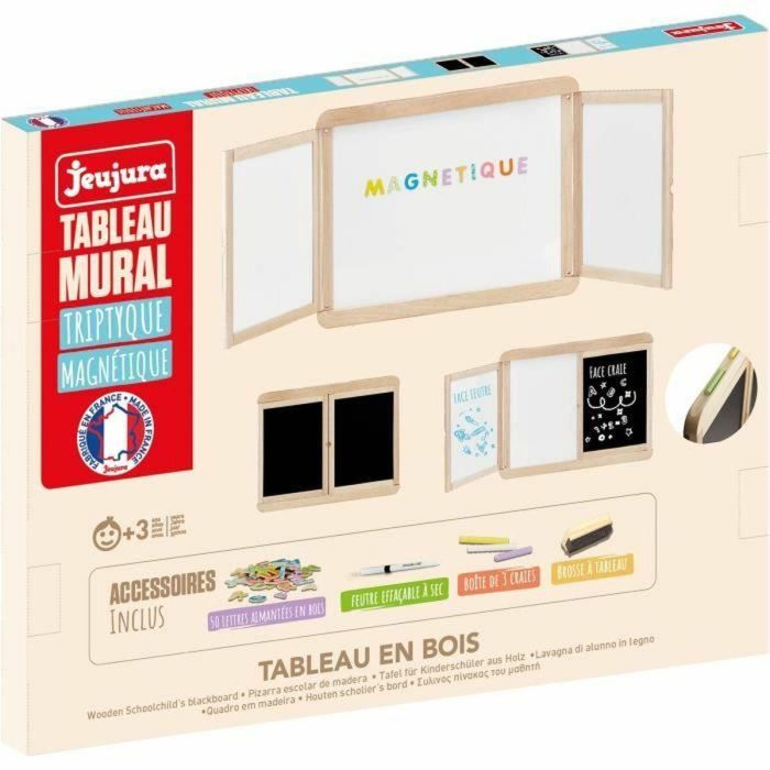 Jeujura Pizarra Tríptico Magnética para Pared JEU3225280880709 - Pizarra Central Magnética, 2 Paneles, Lado Blanco y Tiza 1