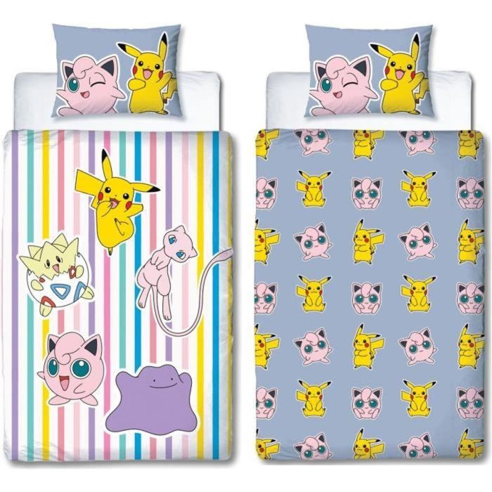 Pokemon POK3700891714327 Juego de cama reversible Pikachu, Mew, Togepi, Jigglypuff, Ditto - Microfibra - 140x200cm + Funda 63x63cm