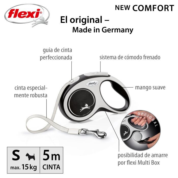 Flexi Correa New Comfort S Cinta 5M Negra Bicolor para Perros | Freno Mejorado y Accesorios Compatibles 1