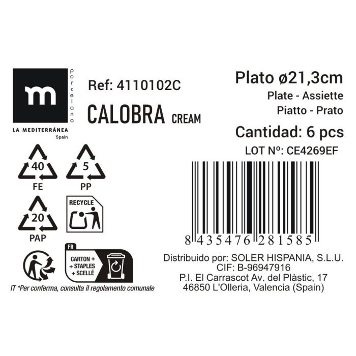 La Mediterranea Plato Postre Ø21,3 cm "Calobra" Crema (24 Unidades)