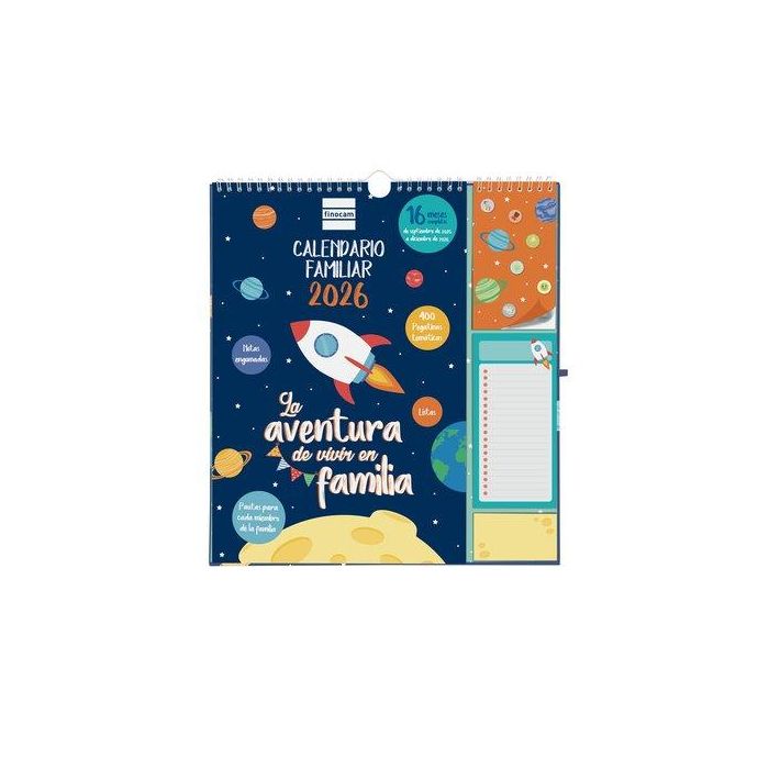 Finocam Calendario De Pared Plus 16 Meses 215x325 mm Familiar 2025-2026 con Espiral, Pegatinas y Notas