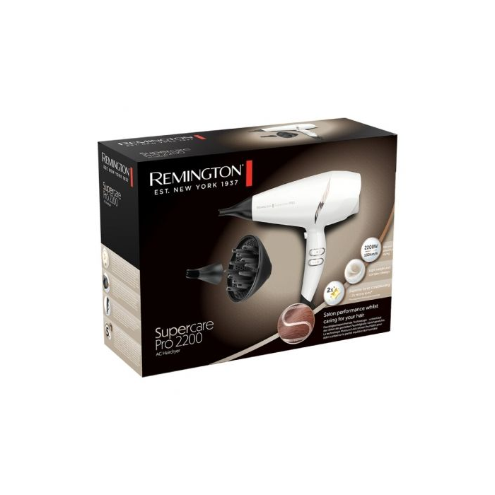 Remington Secador de Pelo SuperCare Pro 2200 AC7200W - 2200W - Acondicionador Iónico - Motor AC Profesional - Blanco - Incluye Concentrador y Difusor Remington Secador de Pelo SuperCare Pro 2200 AC7200W - 2200W - Acondicionador Iónico - Motor AC Profesional - Blanco - Incluye Concentrador y Difusor