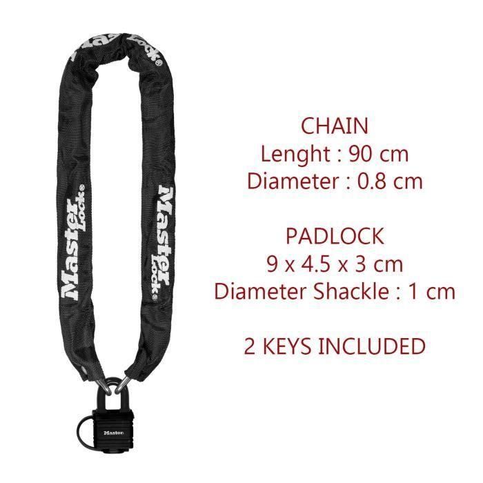 Master Lock Cadena de Seguridad de Acero 90cm x Ø 6mm con Candado 40mm, Funda de Nylon y 2 Llaves - Color Negro 3