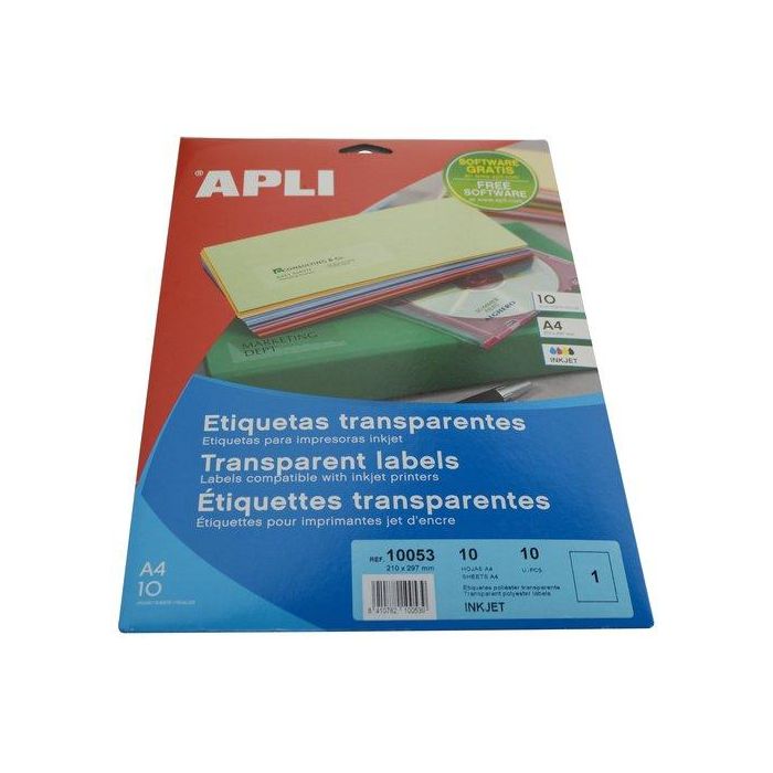 Apli Etiquetas Adhesivas Transparentes Poliéster Ink-Jet Láser Fotocopiadora 210x297 mm 1 Etiqueta/Hoja