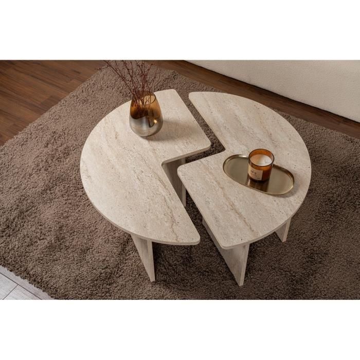 Mesa de centro - MOIRA - Redonda - Efecto mármol travertino - 90 x 90 x 41 cm 1 Mesa de centro - MOIRA - Redonda - Efecto mármol travertino - 90 x 90 x 41 cm 1