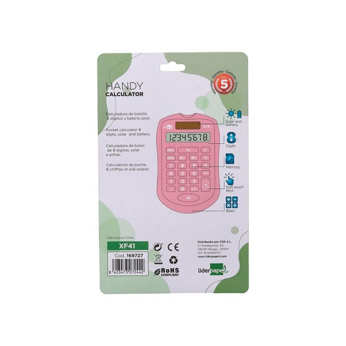 Calculadora Liderpapel Bolsillo Xf41 8 Digitos Solar Y Pilas Color Rosa 94x59,5x10,5 mm 2