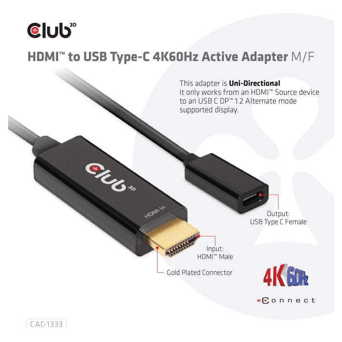 Club3D Adaptador HDMI 2.0 a USB-C CAC-1333, Resolución 4K a 60Hz, Activo, Negro 5