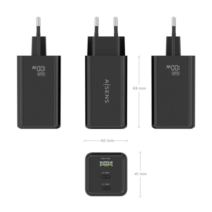 AISENS ASCH-100W3P052-BK Cargador GaN 100W 3 Puertos (2 USB-C, 1 USB-A) Carga Rápida Power Delivery Universal Negro 5 AISENS ASCH-100W3P052-BK Cargador GaN 100W 3 Puertos (2 USB-C, 1 USB-A) Carga Rápida Power Delivery Universal Negro 5