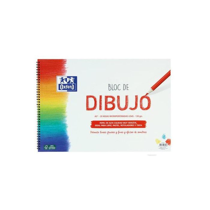 Oxford Bloc Dibujo Escolar T-Blanda Espiral 20H 130 gr A3+ Liso Blanco