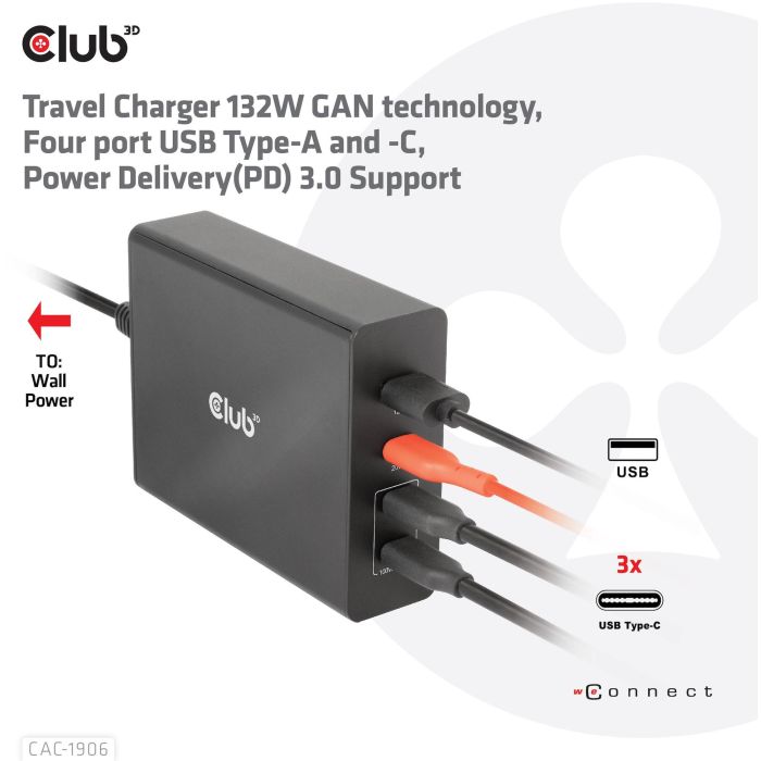 Club3D Ladegerät 3xUSB Typ C. 1xUSB Typ A. PD 132W. GaN retail 4 Club3D Ladegerät 3xUSB Typ C. 1xUSB Typ A. PD 132W. GaN retail 4