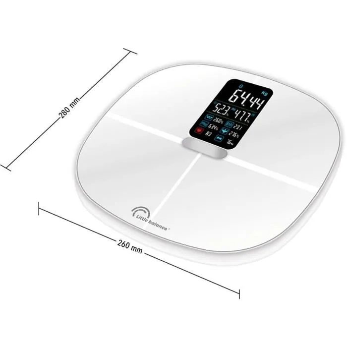 Little Balance Báscula blanca conectada 180kg / 100g Peso IMC Grasa Agua Músculos Frecuencia Cardíaca Bluetooth Pantalla XXL 1