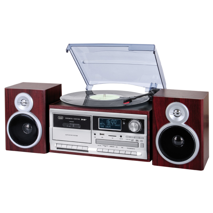 Trevi TT 1072 DAB Tocadiscos de tracción directa Semiautomático Madera con Radio DAB/FM, CD, Cassette, USB, SD, MP3 y Pantalla LCD