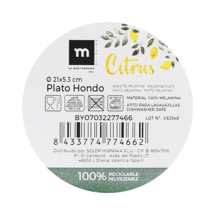 Plato Hondo Melamina Citrus 21x5.3 cm La Mediterranea (24 Unidades) 1 Plato Hondo Melamina Citrus 21x5.3 cm La Mediterranea (24 Unidades) 1