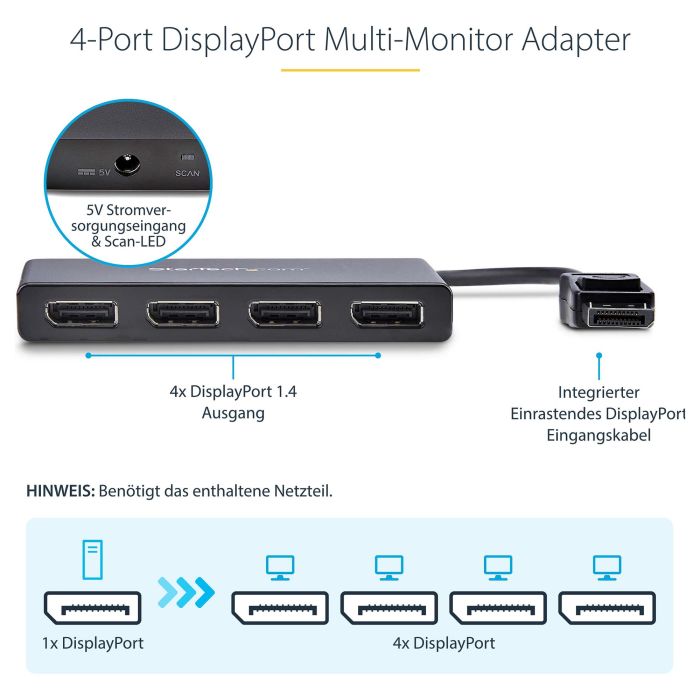 StarTech MST HUB - Adaptador de 4 Puertos DisplayPort 1.2, 4x DisplayPort 1080p, Windows, Negro